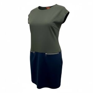 Joe Fresh Colorblock Shift Dress L Olive Green Navy Blue Career Casual Midi